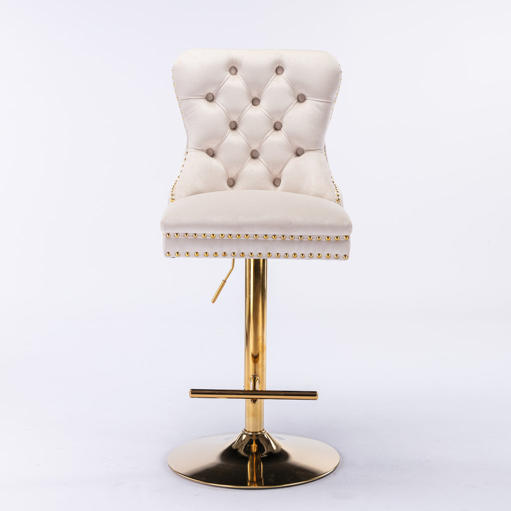 AA Furniture,Thick Golden Swivel Velvet Barstools Adjusatble Seat Height From 27-35 Inch, Modern Upholstered Bar Stools With Backs Comfortable Tufted For Home Pub And Kitchen Island Beige,Set Of 2