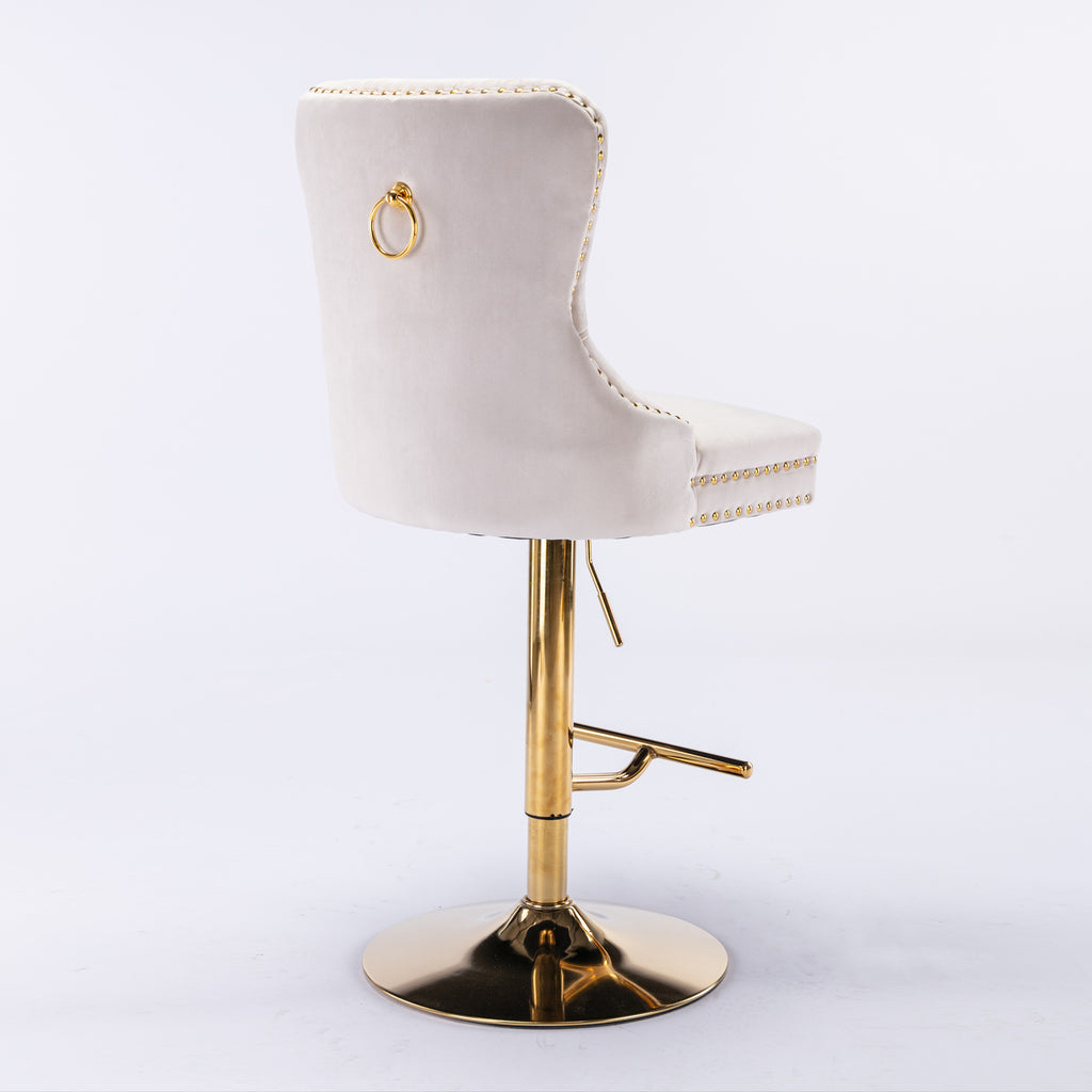 AA Furniture,Thick Golden Swivel Velvet Barstools Adjusatble Seat Height From 27-35 Inch, Modern Upholstered Bar Stools With Backs Comfortable Tufted For Home Pub And Kitchen Island Beige,Set Of 2