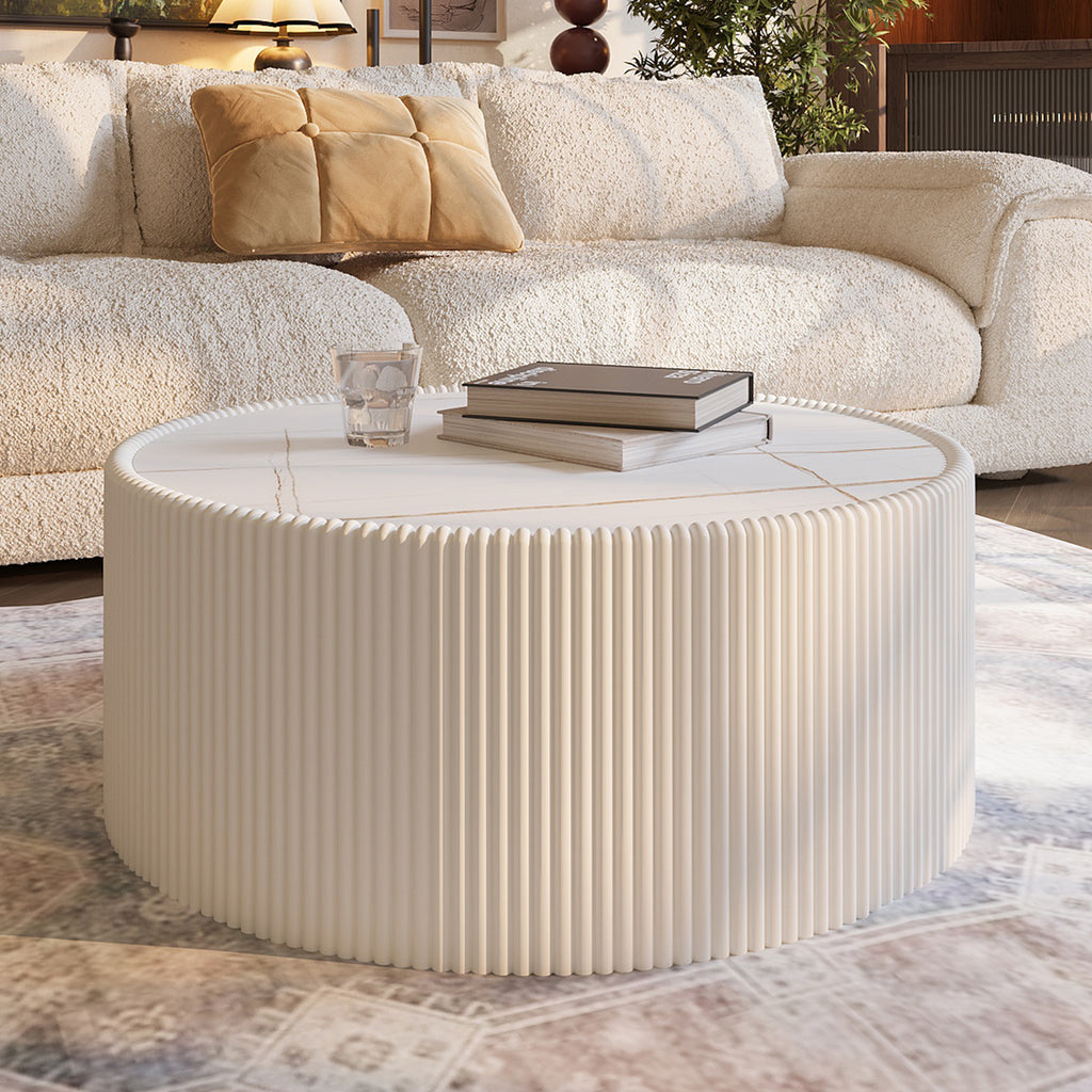 Light Sintered Stone Top Cylinder Shape Leather Coffee Modern Sofa Table For Living Room Furniture  Each Tabletop Has A Unique Gold Pattern