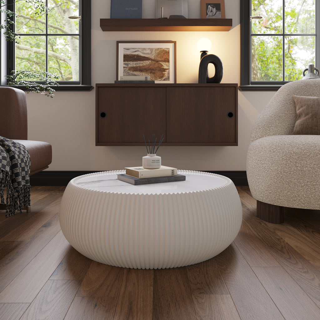 Light Sintered Stone Top Drum Shape Leather Coffee Modern Sofa Table For Living Room Furniture  Each Tabletop Has A Unique Grey Pattern