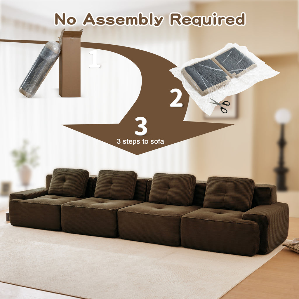 153 Modern Modular Sectional Sofa For Living Room, Corduroy Fabric,4-Seater Couch With Deep Seat, Pearl-like Piping, Tufted Design, Buckle Connection, No Assembly, Anti-slip Design, Brown