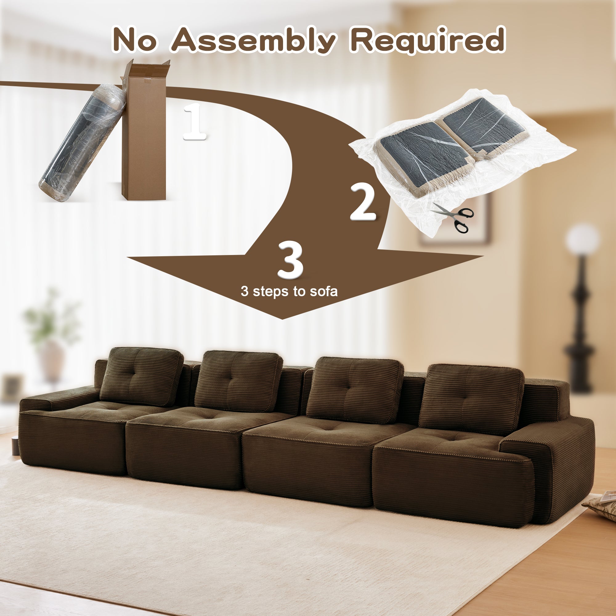 153 Modern Modular Sectional Sofa For Living Room, Corduroy Fabric,4-Seater Couch With Deep Seat, Pearl-like Piping, Tufted Design, Buckle Connection, No Assembly, Anti-slip Design, Brown