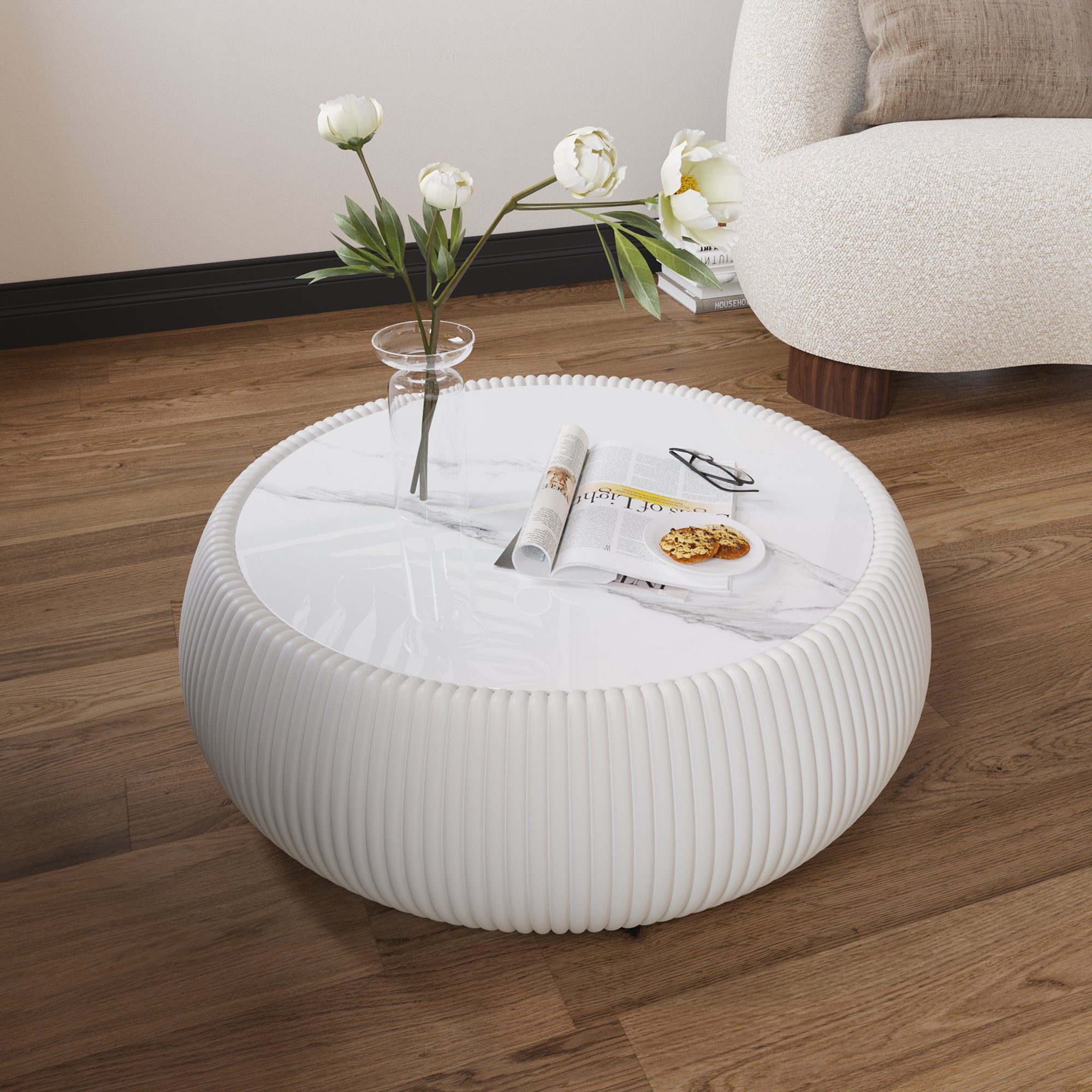 Light Sintered Stone Top Drum Shape Leather Coffee Modern Sofa Table For Living Room Furniture  Each Tabletop Has A Unique Grey Pattern