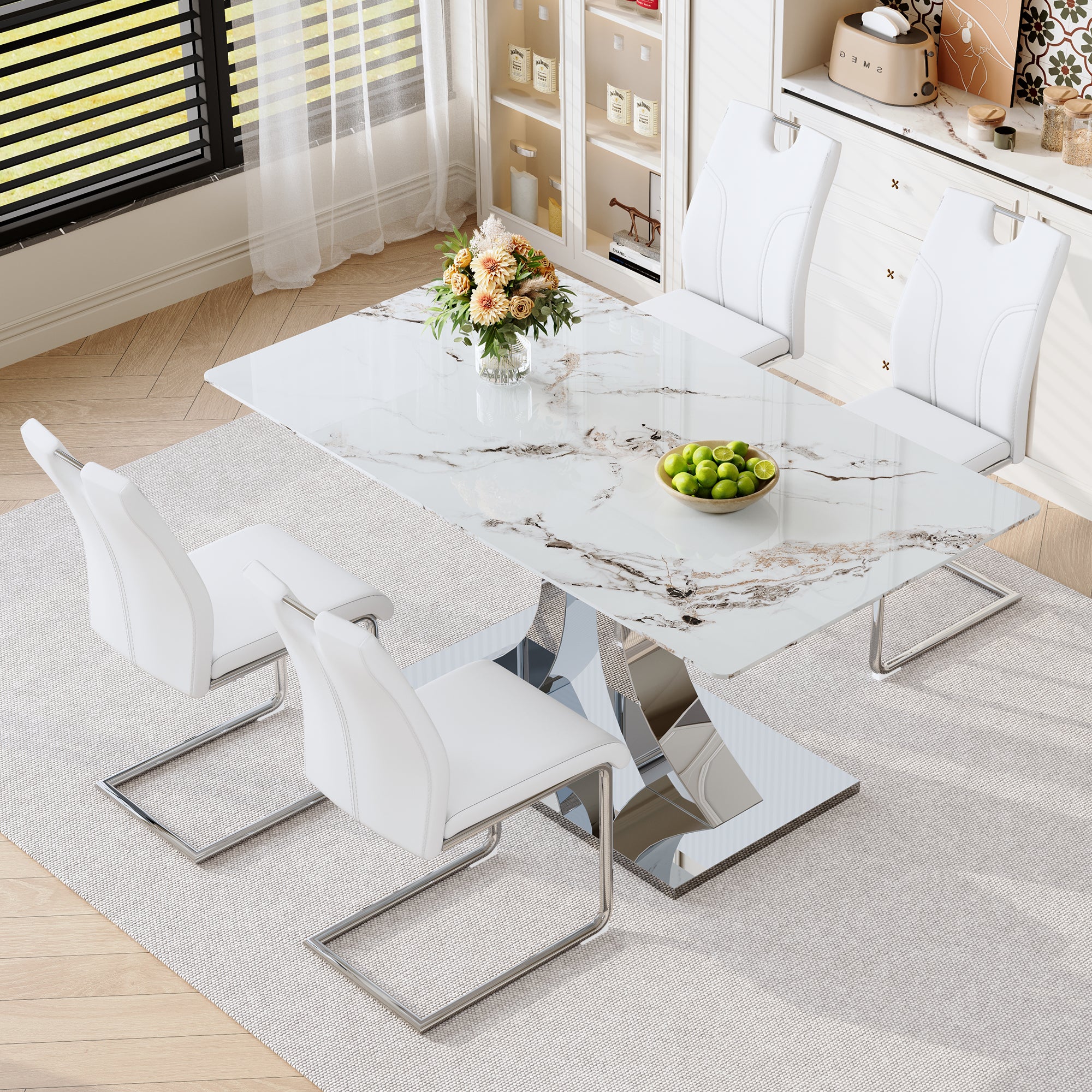 Luxury Modern 63-inch Dining Table Set With 4 Upholstered Chairs, White Tempered Glass Rock Top & Adjustable Stainless Steel Base, Convertible Table For Multiple Diners, Fashion Home Furniture