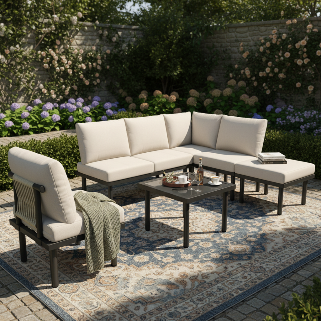 Garden Lounge Set With Galvanized Iron Frame, Set Of 6, Rope Garden Furniture Set, Grey Rope, Adjustable Feet, Smooth Glass Table Top, Including All Seat And Back Cushions, Beige