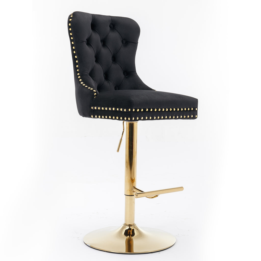 A&A Furniture,Thick Golden Swivel Velvet Barstools Adjusatble Seat Height From 27-35 Inch, Modern Upholstered Bar Stools With Backs Comfortable Tufted For Home Pub And Kitchen Island  Black,Set Of 2