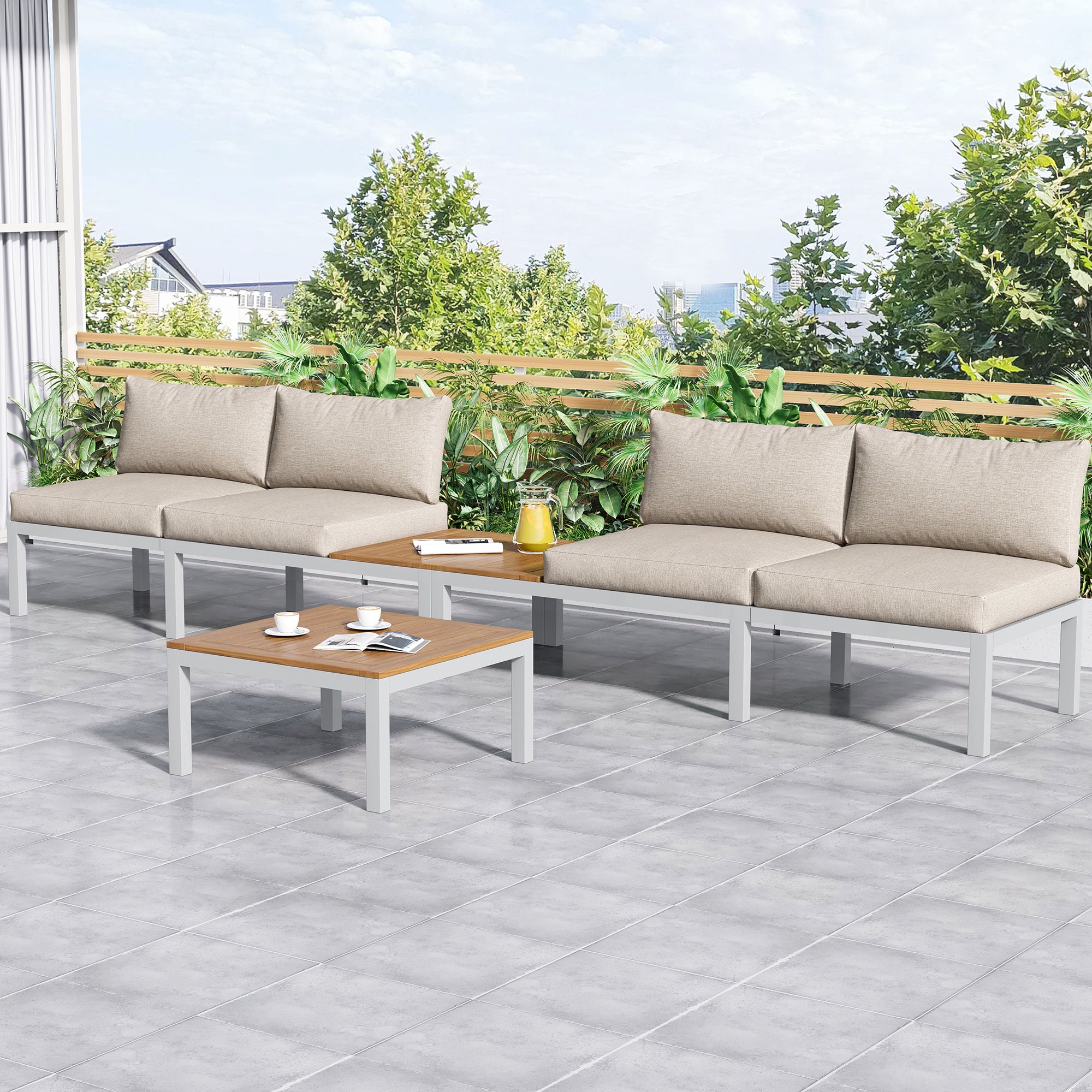 Outdoor Patio&Backyard Furniture Garden Lounge Set For 4 People, Space Saving Thick Quality L-Shaped Corner Sofa With Wooden Table, Beige