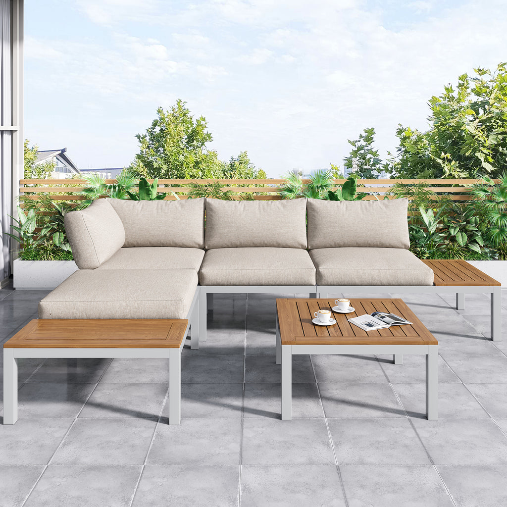 Outdoor Patio&Backyard Furniture Garden Lounge Set For 4 People, Space Saving Thick Quality L-Shaped Corner Sofa With Wooden Table, Beige