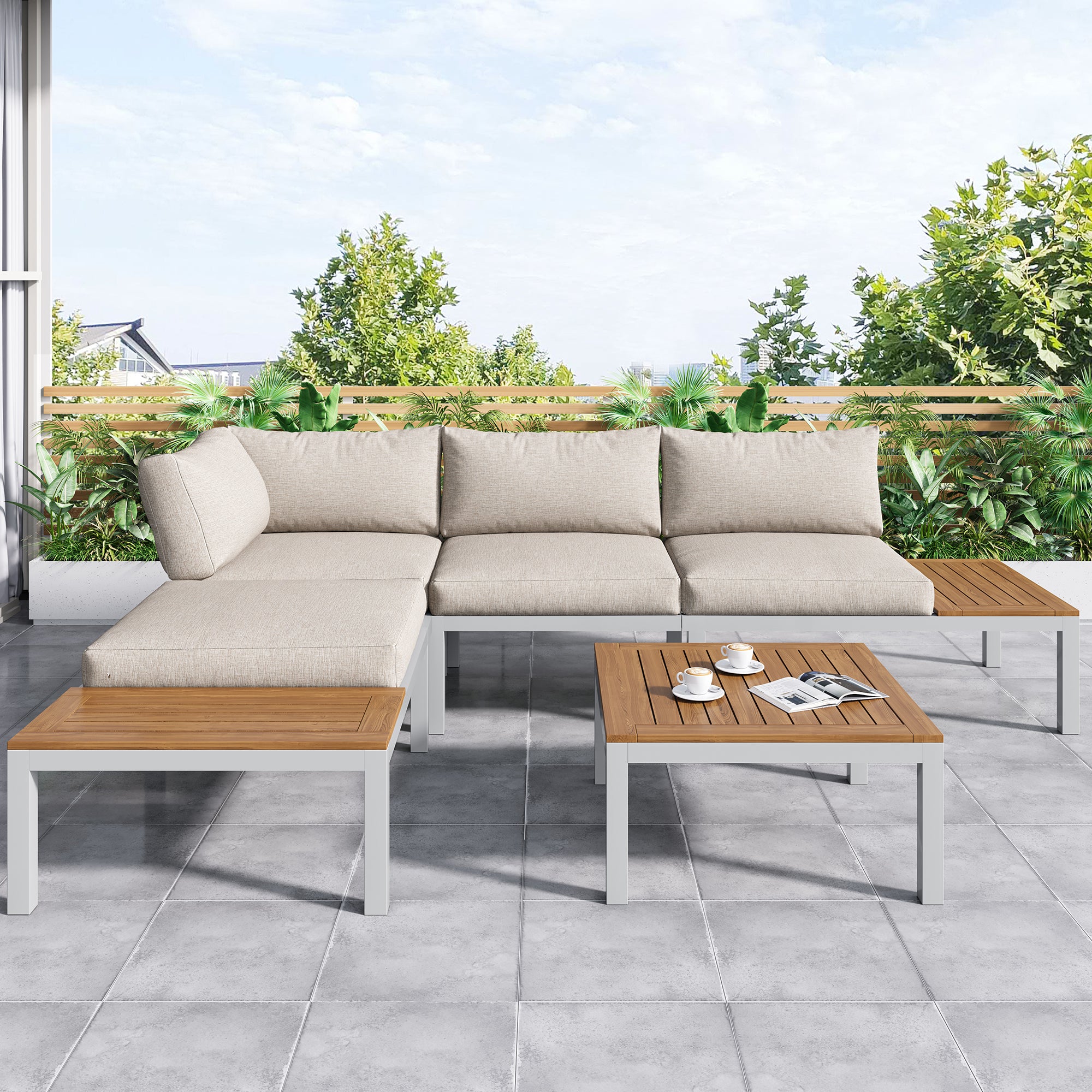 Outdoor Patio&Backyard Furniture Garden Lounge Set For 4 People, Space Saving Thick Quality L-Shaped Corner Sofa With Wooden Table, Beige