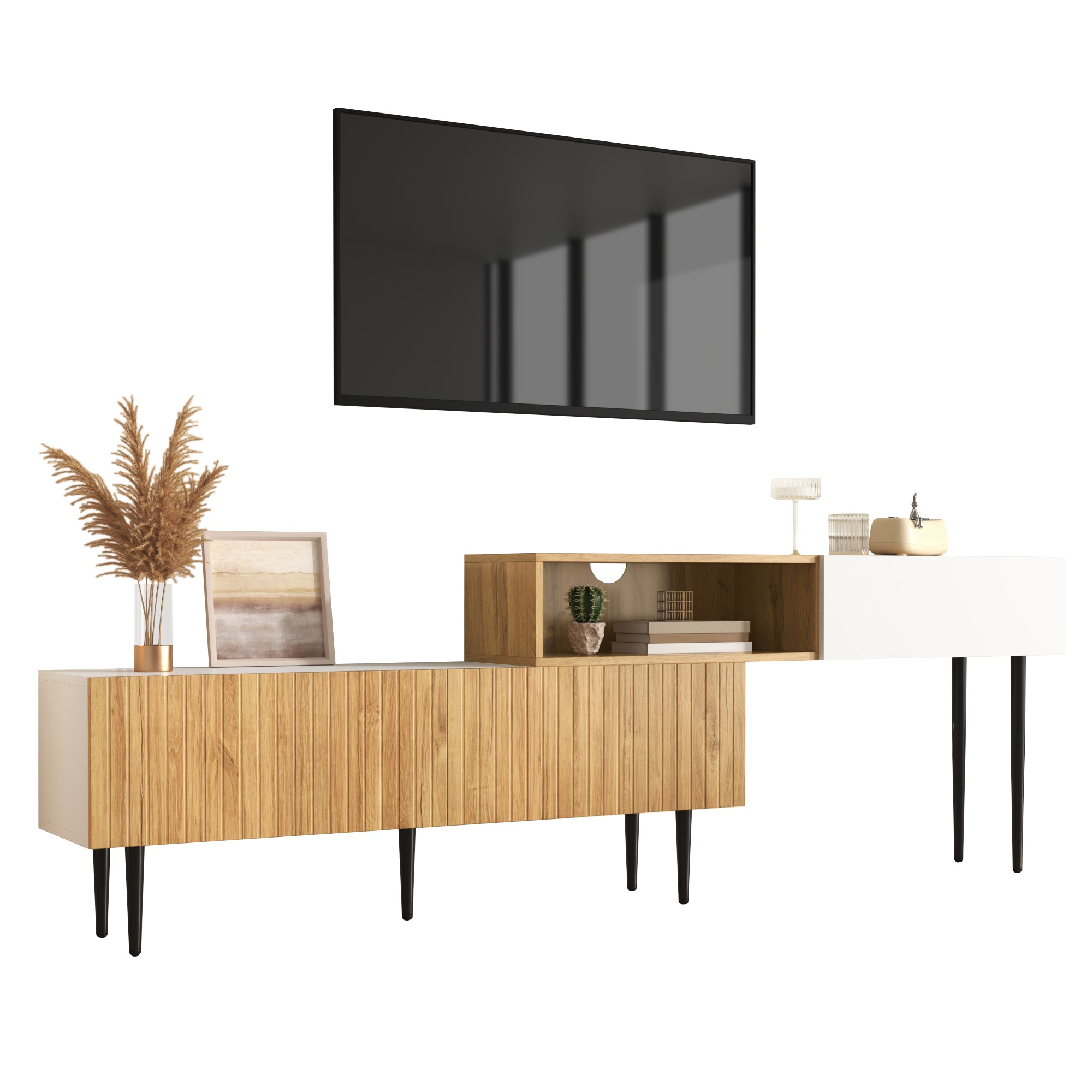 Modern TV Cabinet With Adjustable Length, Modular 2-Part Design, Wood Look  Matte White, Black Metal Legs, Multifunctional Living Room Furniture