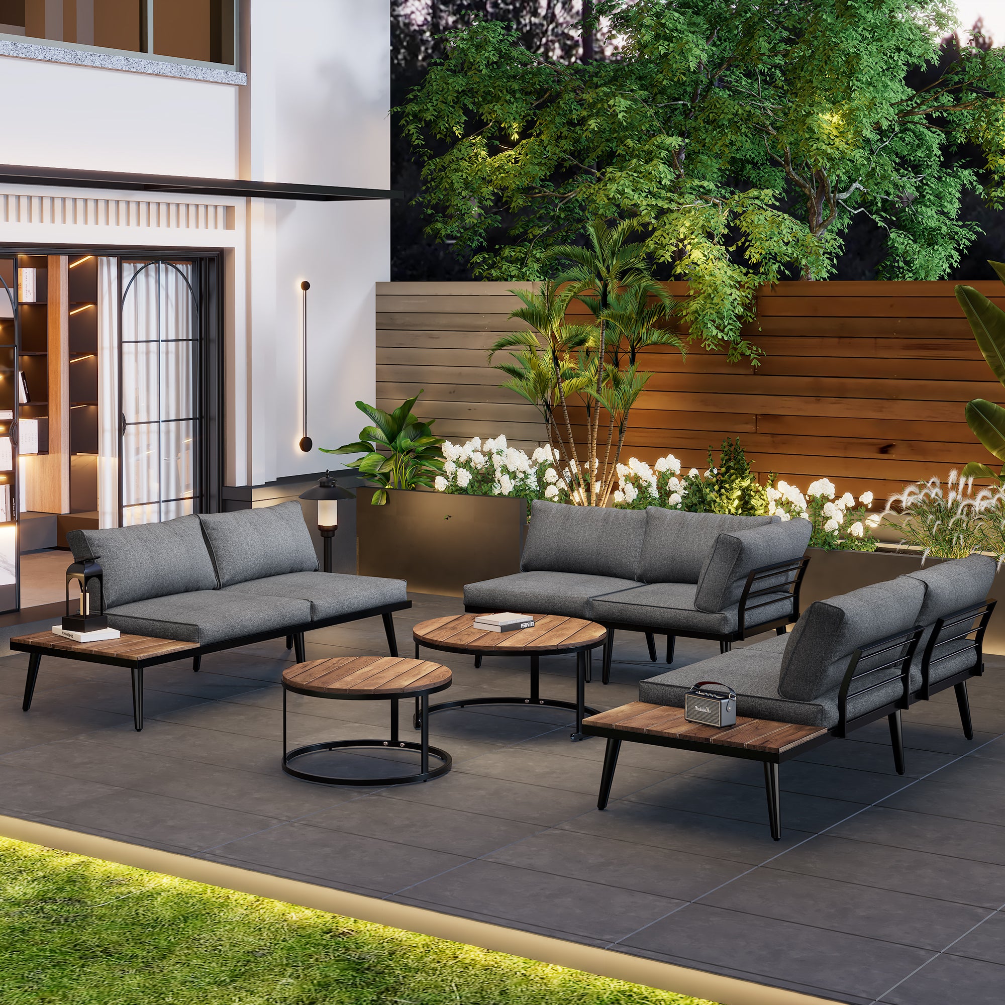 Garden Lounge For 5-6 Persons, Garden Furniture, Terrace, Balcony, Garden, Indoor And Outdoor Dining Set, Galvanized Iron Frame, 6 Piece Dining Table Set  2x2 Seater Sofa, 2x Single Chair, 2x Table