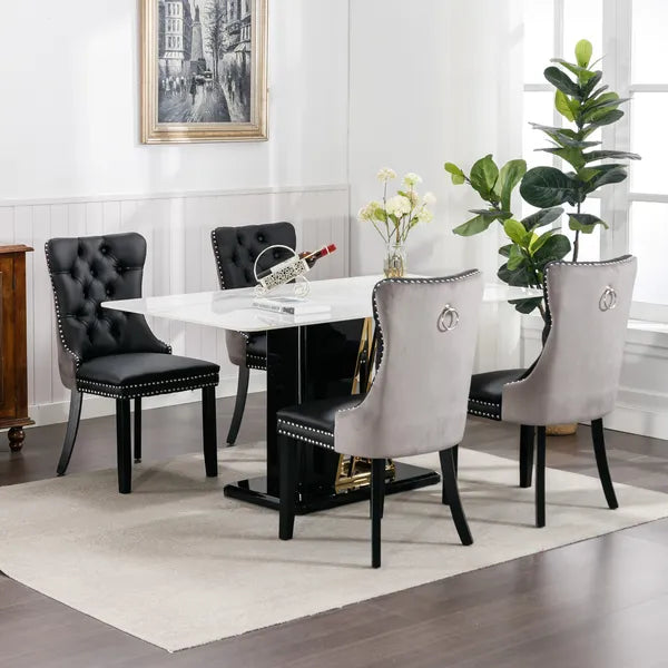 Furniture,Modern, High-end Tufted Solid Wood Contemporary PU And Velvet Upholstered Dining Chair With Wood Legs Nailhead Trim 2-Pcs Set, Black&Gray, SW2101BG