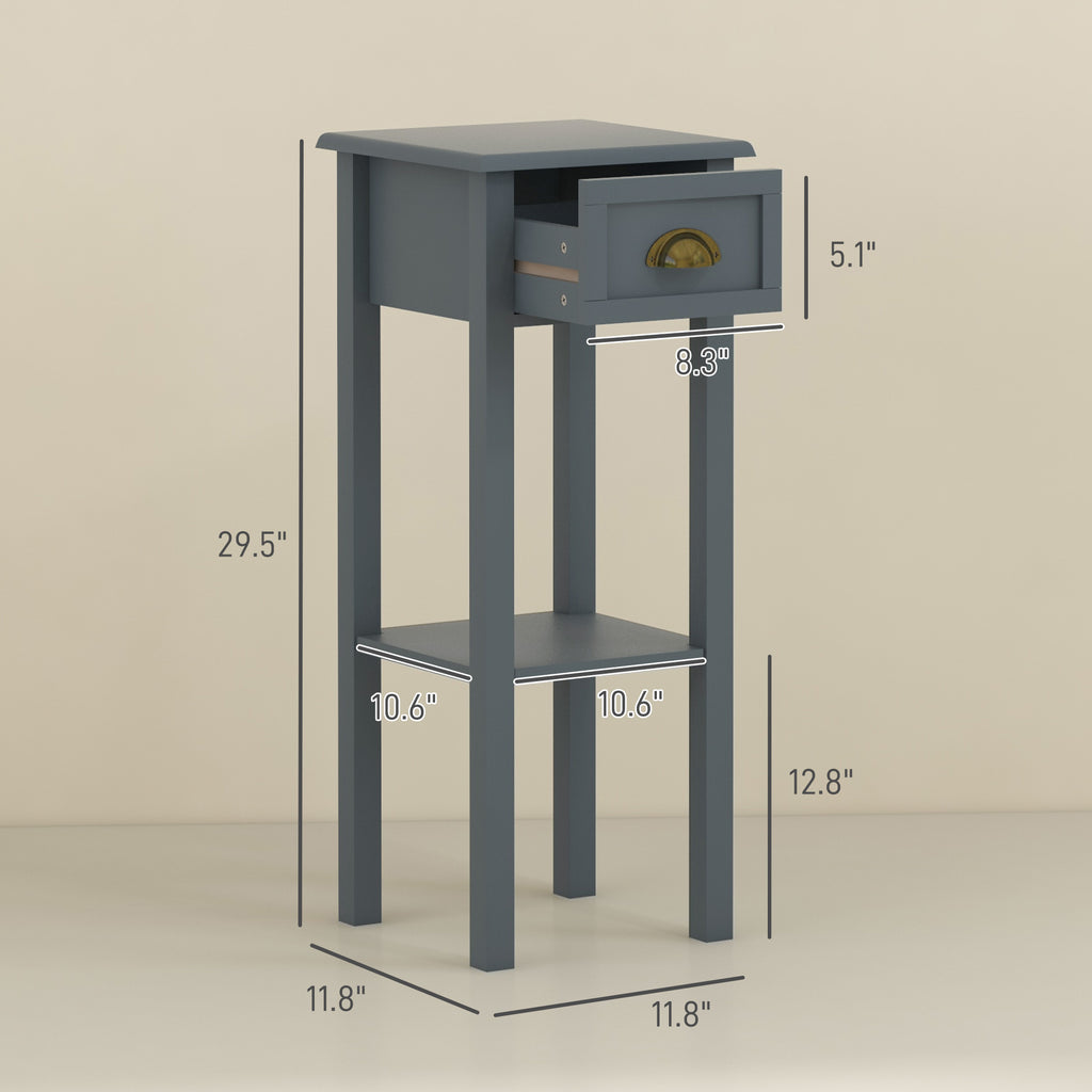 2-Tier Side Tables Set of 2 with Drawer and Shelf, 2 Pieces End Tables for Living Room and Hallway, Gray