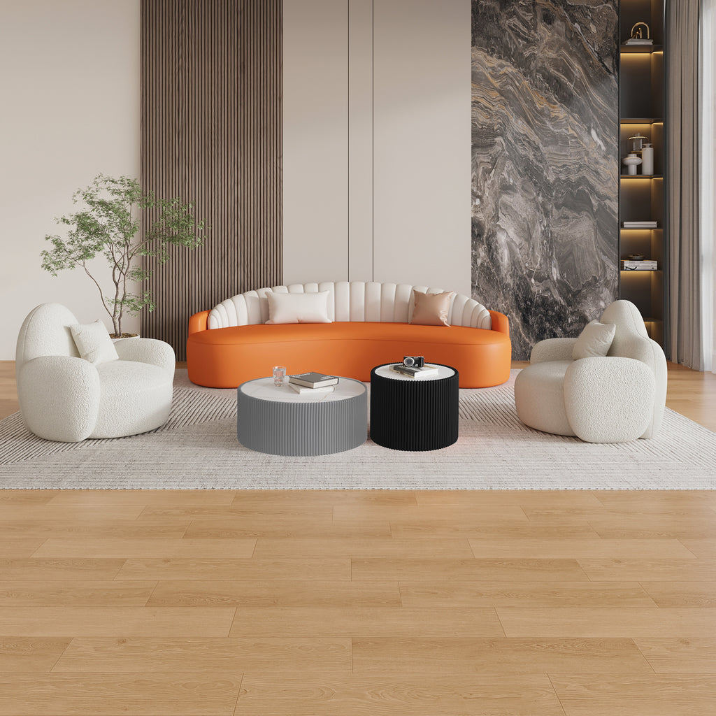 Light Sintered Stone Top Cylinder Shape Leather Coffee Modern Sofa Table For Living Room Furniture  Each Tabletop Has A Unique Gold Pattern