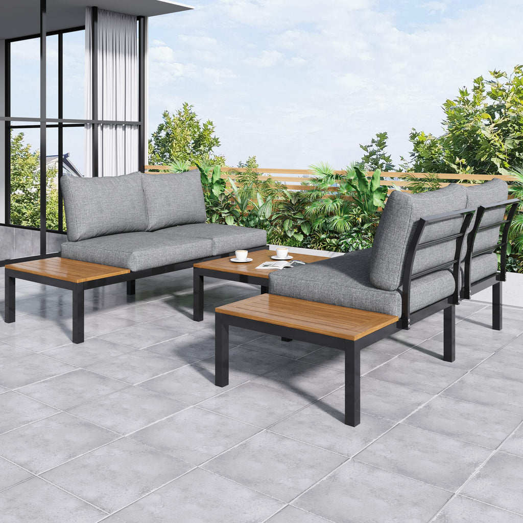 Outdoor Patio&Backyard Furniture Garden Lounge Set For 4 People, Space Saving Thick Quality L-Shaped Corner Sofa With Wooden Table, Grey
