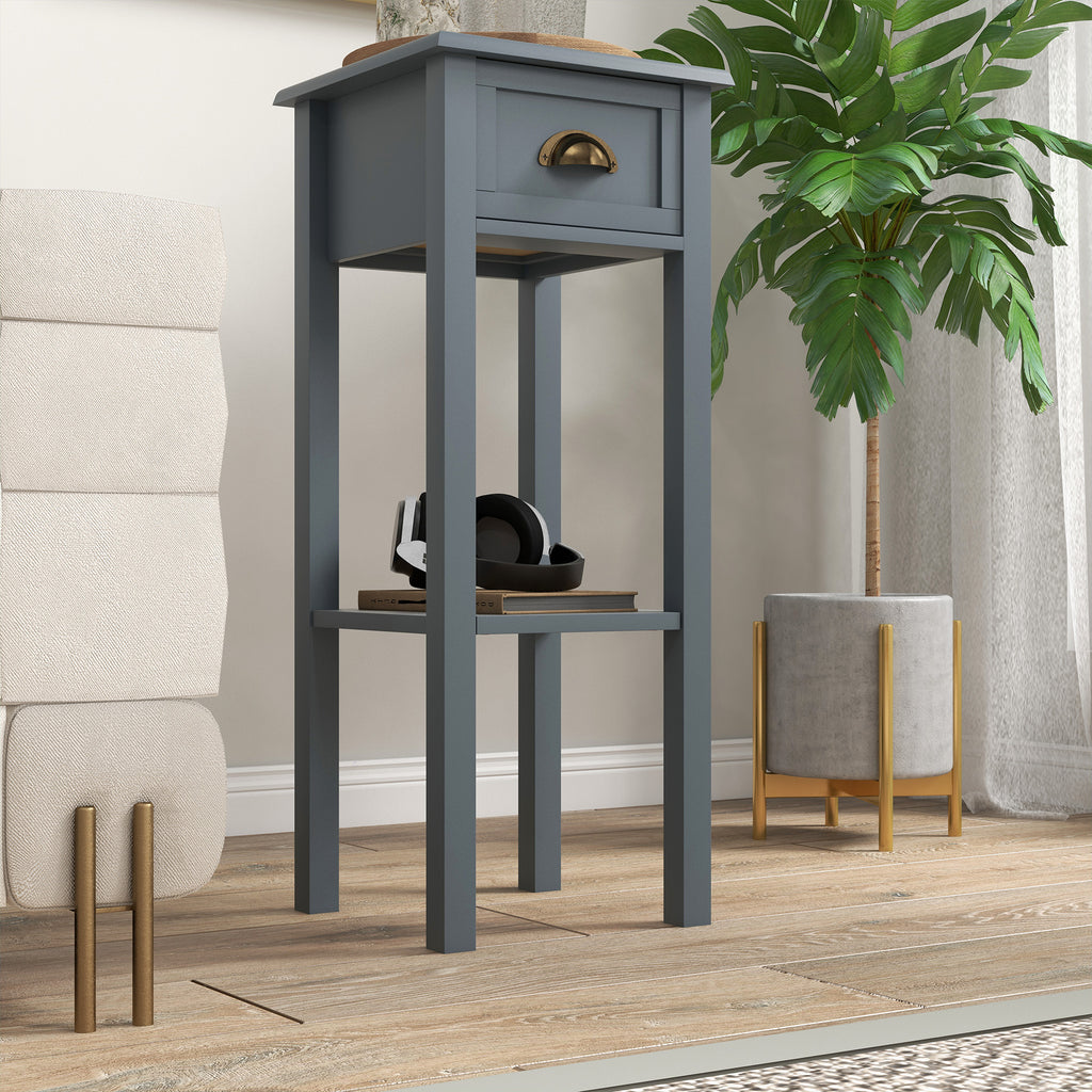 2-Tier Side Tables Set of 2 with Drawer and Shelf, 2 Pieces End Tables for Living Room and Hallway, Gray