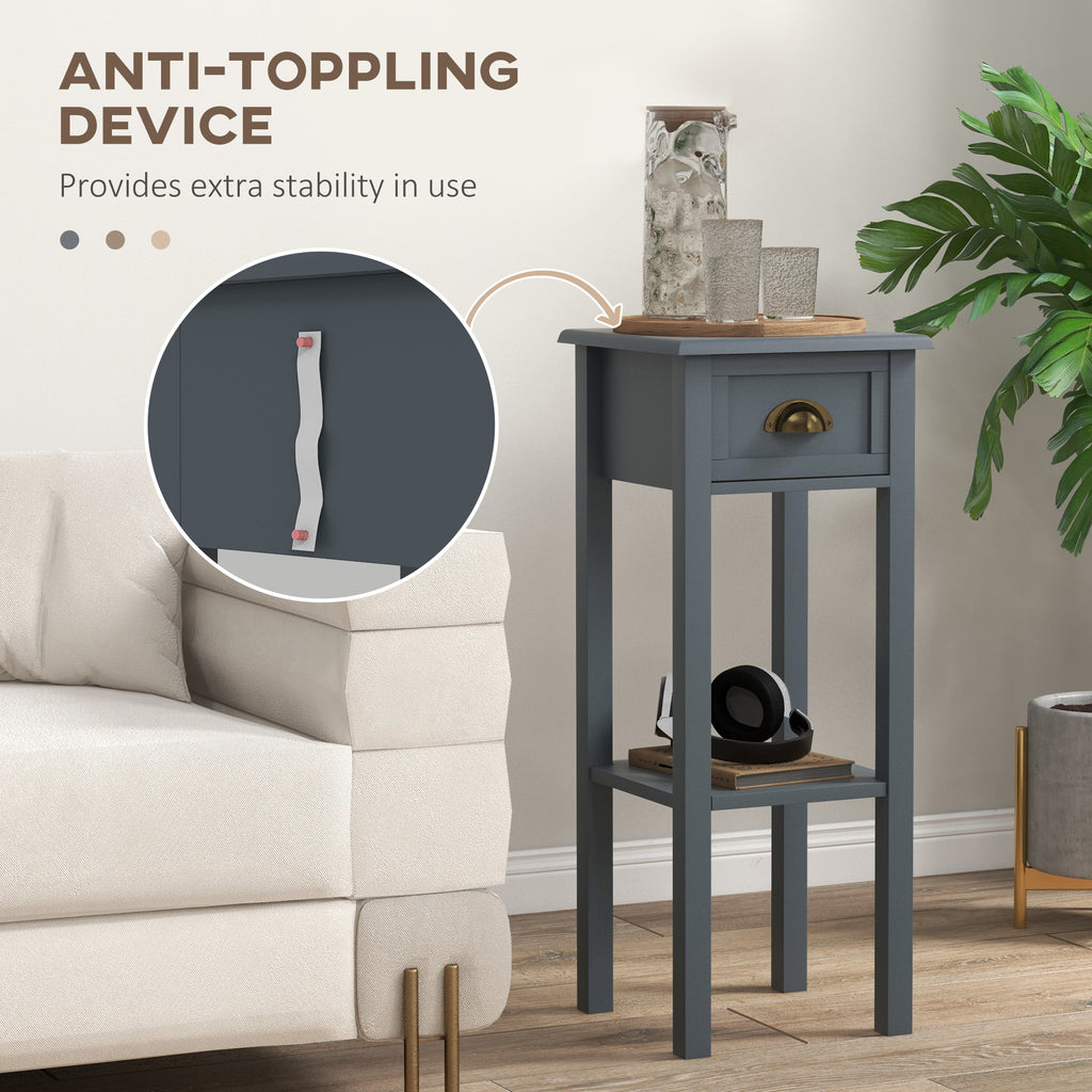 2-Tier Side Tables Set of 2 with Drawer and Shelf, 2 Pieces End Tables for Living Room and Hallway, Gray