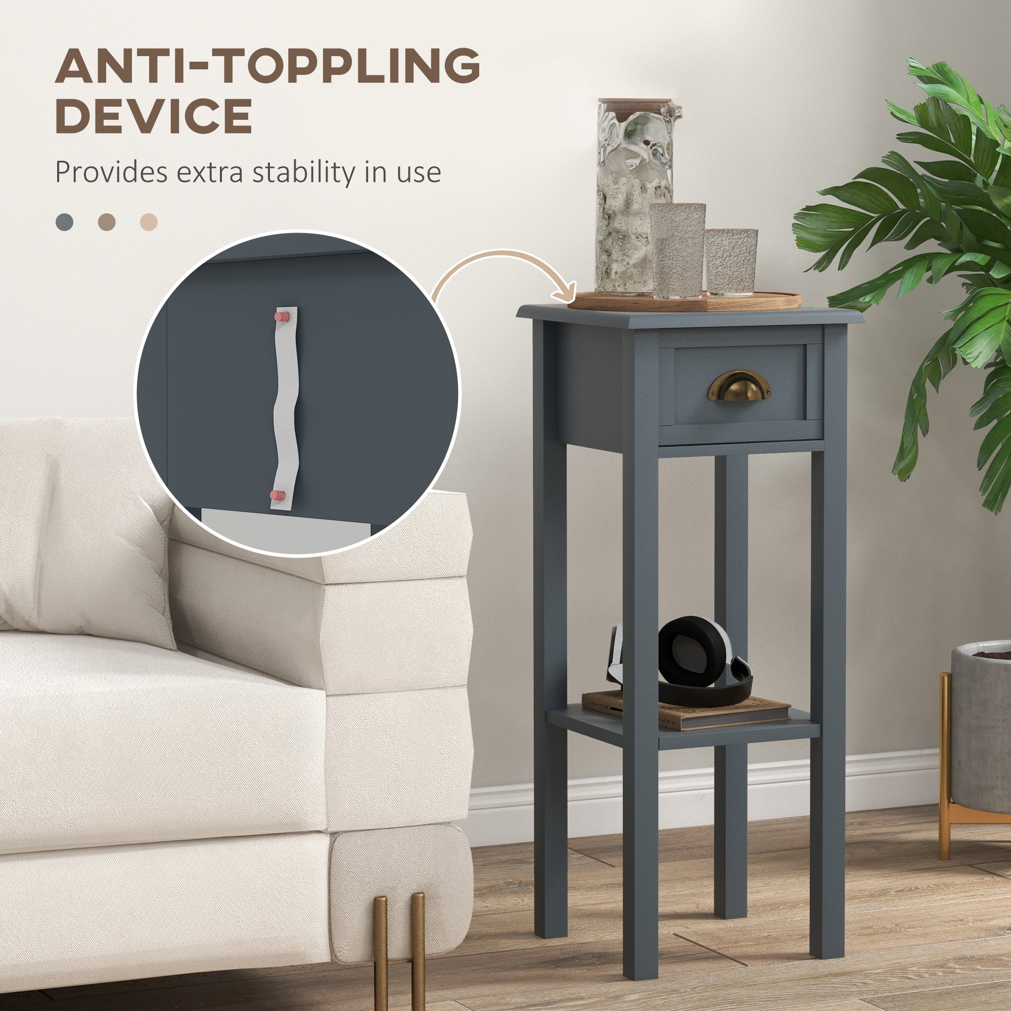 2-Tier Side Tables Set of 2 with Drawer and Shelf, 2 Pieces End Tables for Living Room and Hallway, Gray