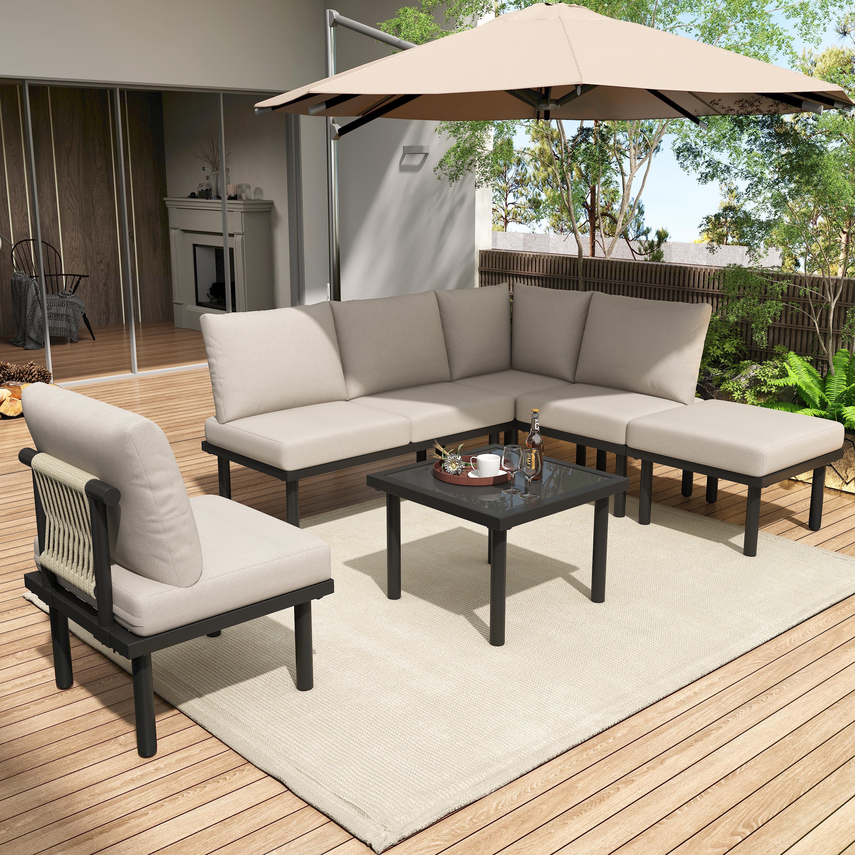 Garden Lounge Set With Galvanized Iron Frame, Set Of 6, Rope Garden Furniture Set, Grey Rope, Adjustable Feet, Smooth Glass Table Top, Including All Seat And Back Cushions, Beige