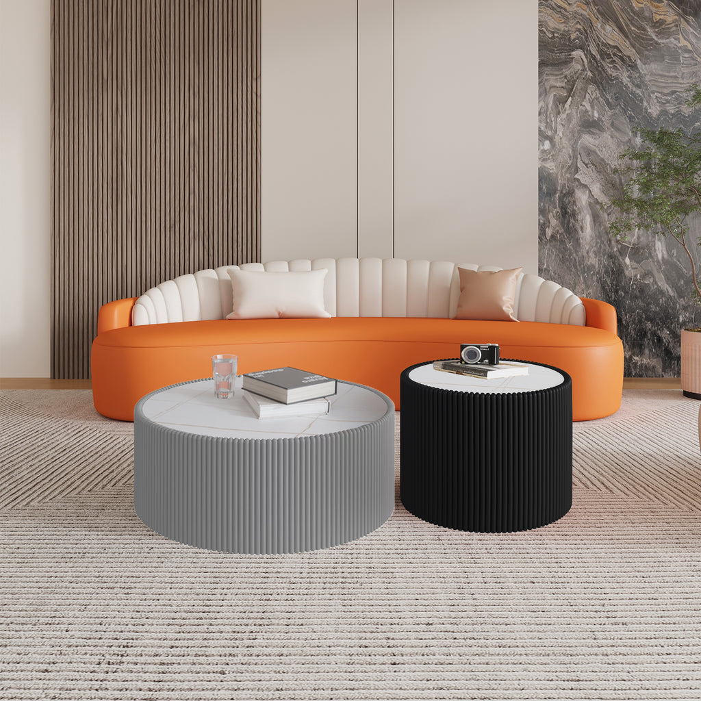 Light Sintered Stone Top Cylinder Shape Leather Coffee Modern Sofa Table For Living Room Furniture  Each Tabletop Has A Unique Gold Pattern