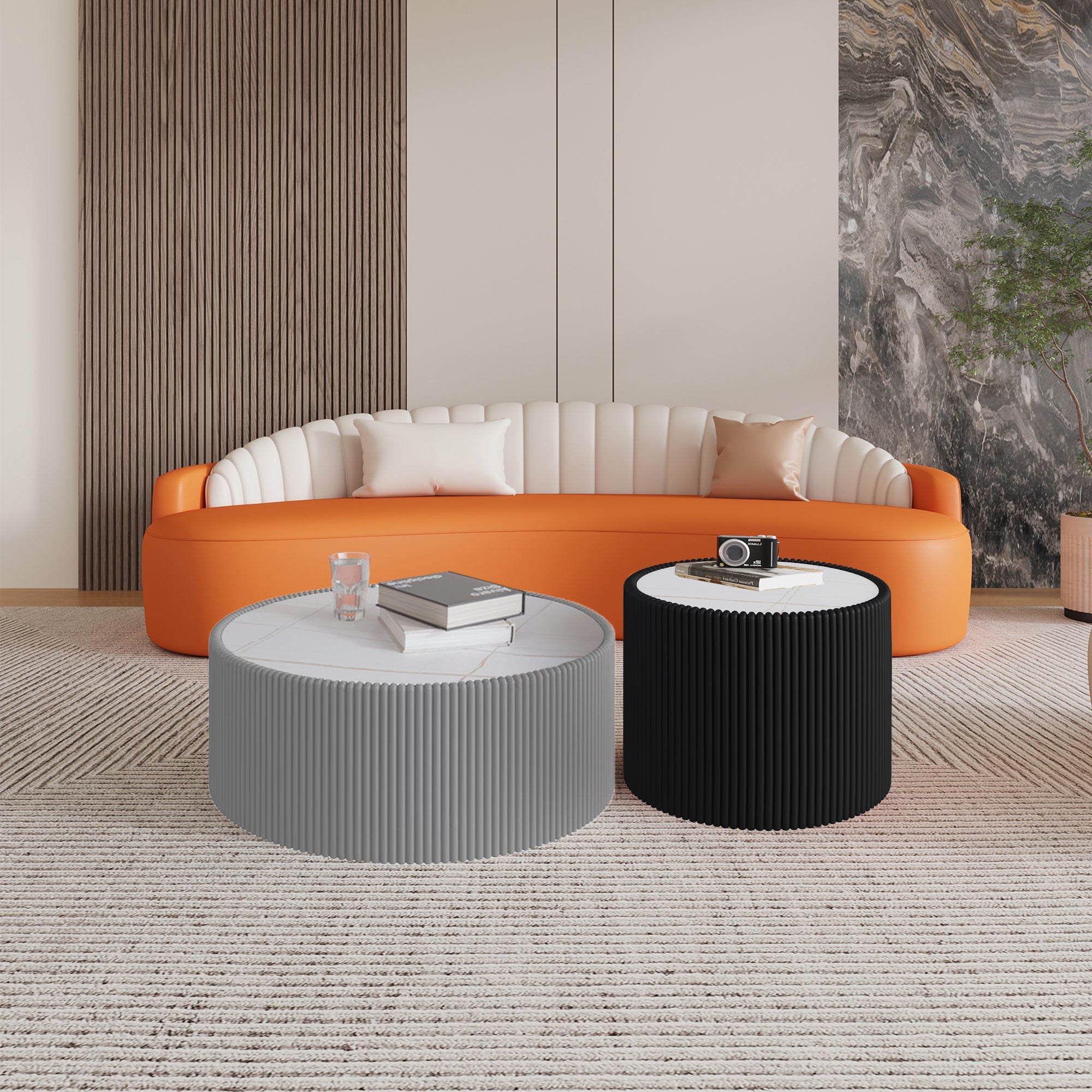 Light Sintered Stone Top Cylinder Shape Leather Coffee Modern Sofa Table For Living Room Furniture  Each Tabletop Has A Unique Gold Pattern